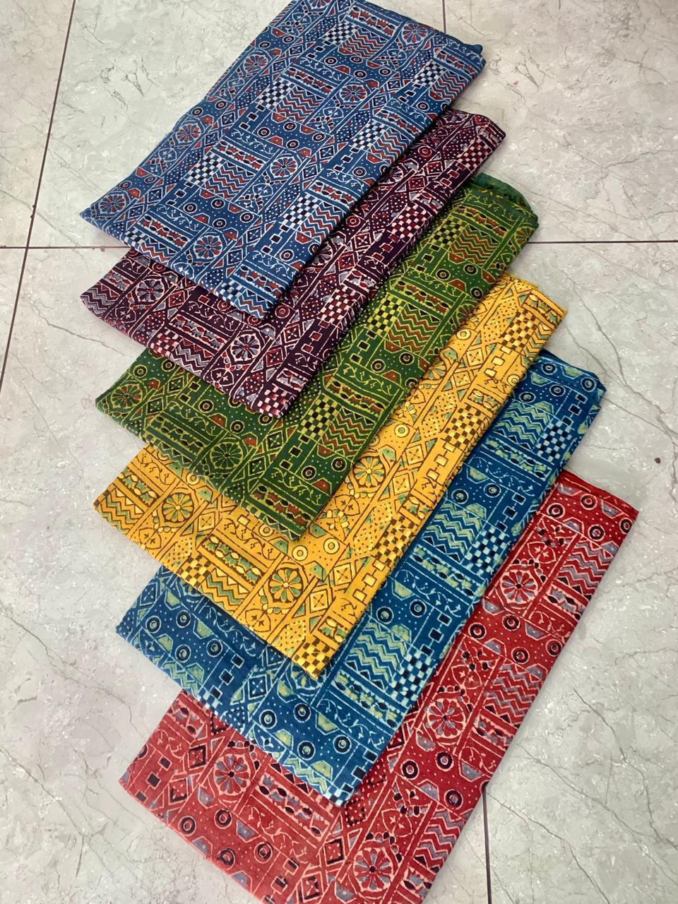 Ajrakh pure cotton handblock printed fabric in indigo riyal design with multicolour natural dyes